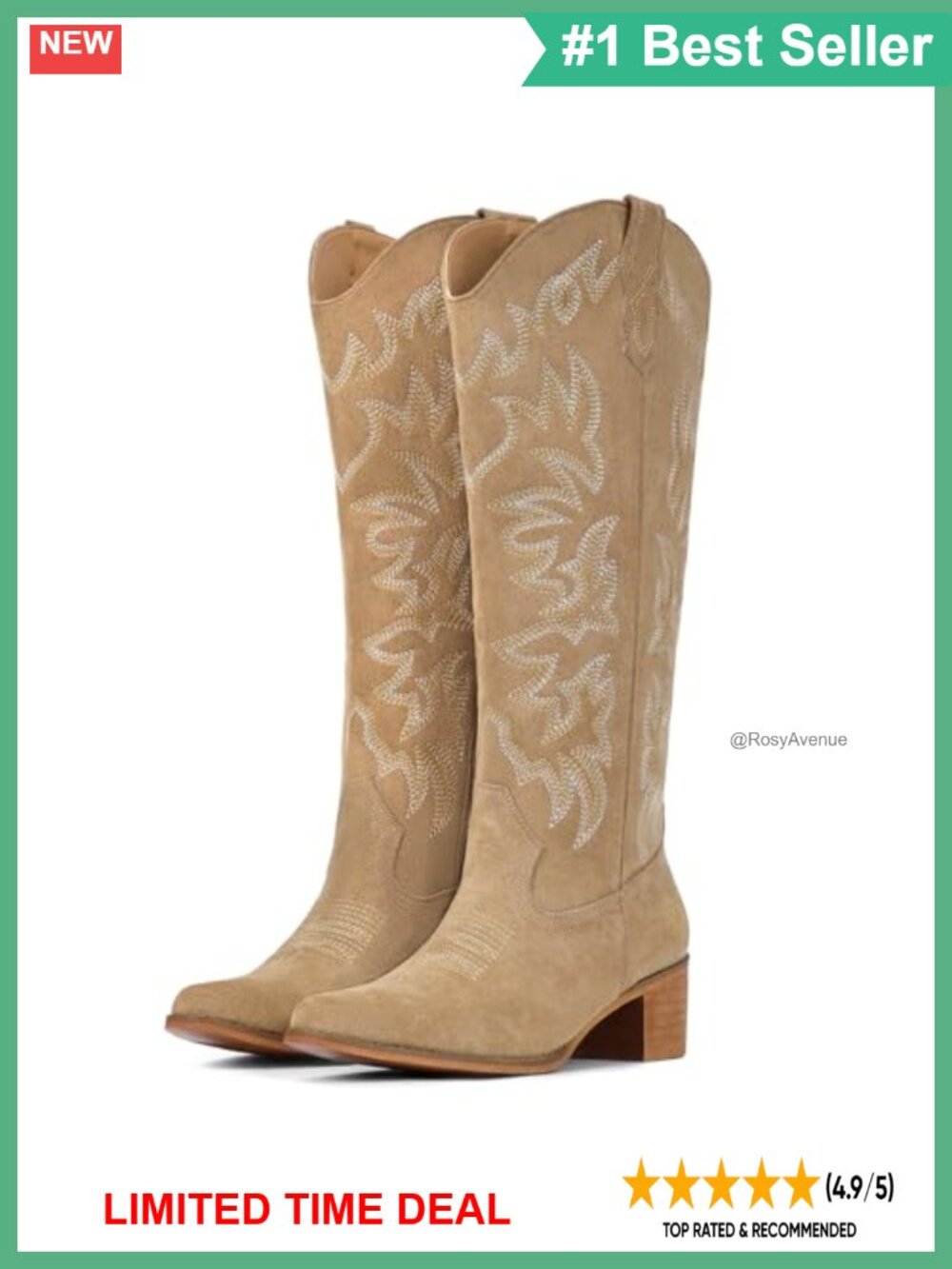 IUV Women's Cowboy Boots Knee High Western Snip Toe Side Zipper Chunky Heel